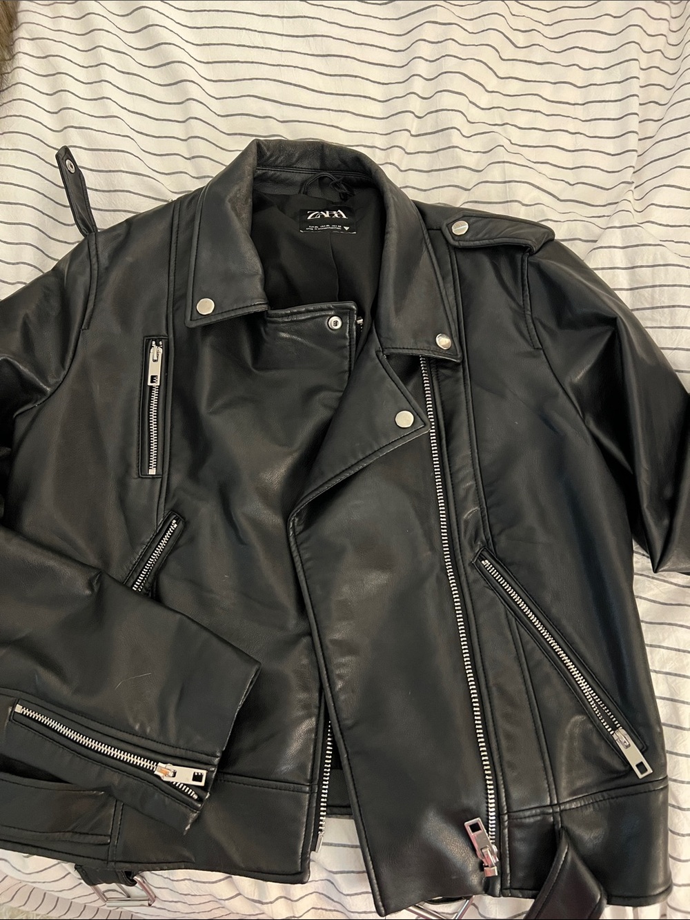 ZARA Black Faux Leather Biker Jacket with Silver Hardware